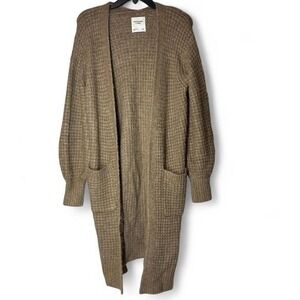 A&F Waffle Knit Long Cardigan Sweater Tan Pockets Small Lagenlook Oversized Boxy